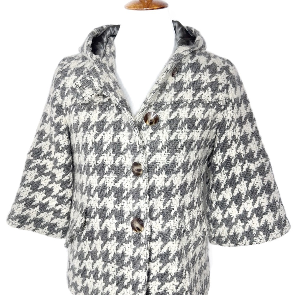 Anthropologie Houndstooth Gray Tweed Crochet 3/4 Sleeve Hooded Peacoat Jacket S - Picture 10 of 14
